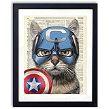 Captain Cat America Super Hero Vintage Upcycled Dictionary Art Print - 8x10 inches
