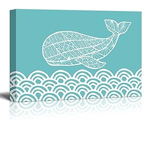 Canvas Wll Art - Whale and Waves on Teal Ocean Theme Background - Giclee Print and Stretched Gallery Wrap | Modern Home Art Ready to Hang - 12"x18"