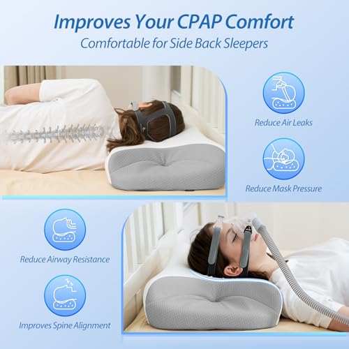 HOMCA CPAP Pillow, Orthopedic Memory Foam Pillow for All CPAP Masks That Reduces Mask Pressure and Air Leaks, with Cooling Cover, 65 x 40 x 9/11 cm
