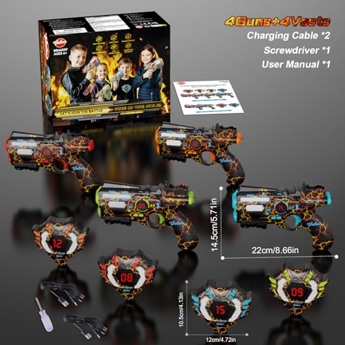 VATOS Rechargeable Laser Tag 4 Players - 4 Guns and 4 Jacket Sensors Fully Synchronized with 2.4GHz Data - Toys and Birthday Ideas Laser Tag Gun for Kids