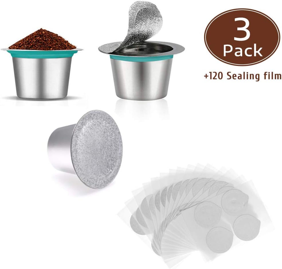 Reusable Capsules Coffee Filters, 3PCS Refillable Pods for Nespresso Machines with 120pcs foil film