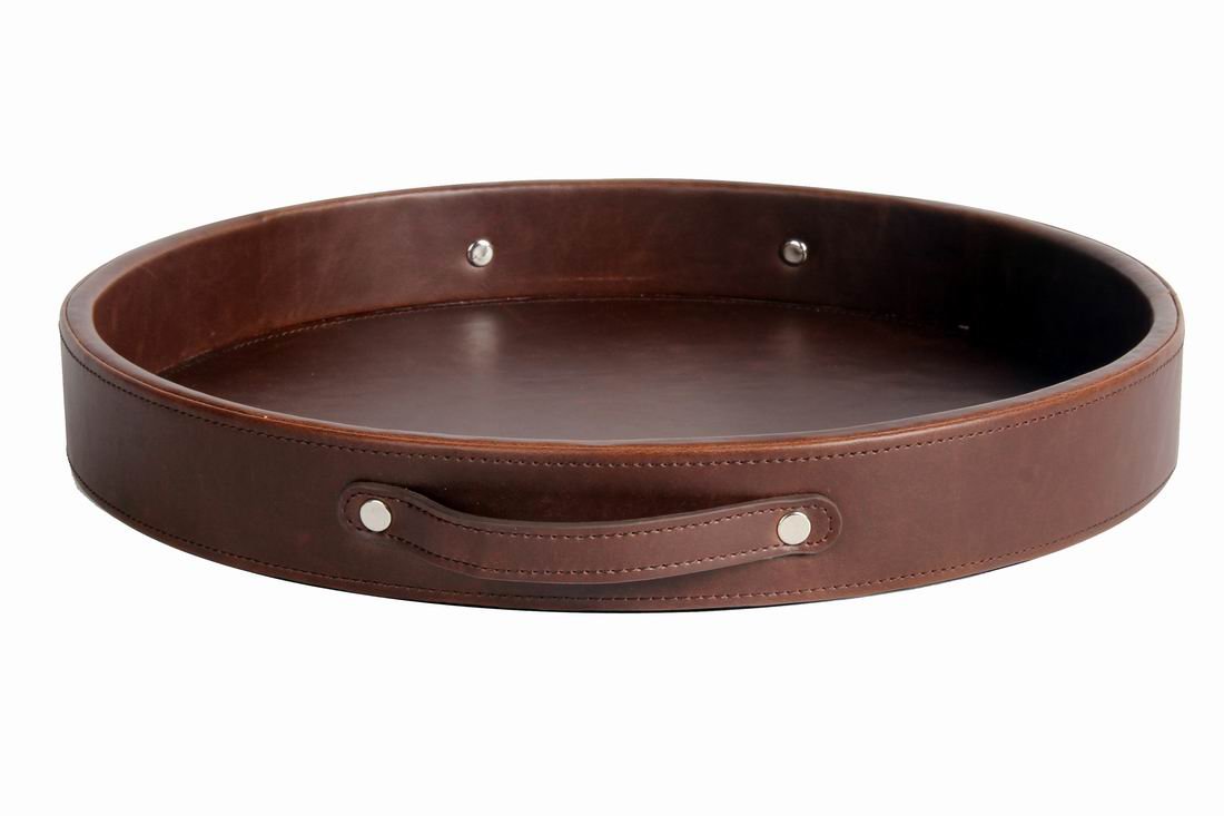 Ms.Box PU Leather Round Serving Tray with Handles, Brown 712836616989