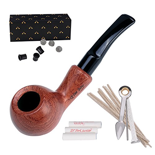 Free Boy Tobacco Pipe, Handmade Wooden Smoking Pipe with Accessories (Filter Elements, Filter Balls, 3 in 1 Scraper, Pipe Cleaners, Pipe Tip Grips, Bag, Gift Box)