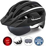 VICTGOAL Bike Helmet for Men Women with Led Light Detachable Magnetic Goggles Removable Sun Visor Mountain & Road Bicycle Helmets Adjustable Size Adult Cycling Helmets (Black White)