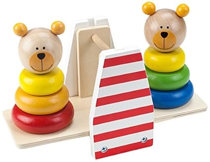 Tooky Toy Steckspiel aus Holz - Bären-Wippe zum Lernen und zur Motorik Schulung Ihres Kindes- mit 6 verschiedenen Steck-Forme