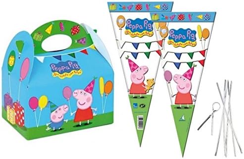 Peppa Pig Party Food Boxes With Matching Cone Sweet Loot Favour Bags & Tie (6)