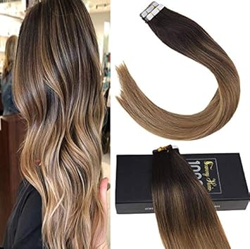 Sunny Tape Hair Extensions Balayage Real Hair Darkest Brown Ombre