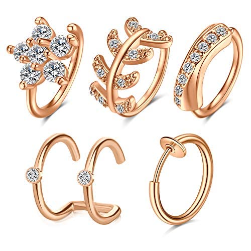 LAURITAMI 5pcs Cartilage Hoops Earrings Ear Cuff Surgical Steel 18G Helix Tragus Rings Clip Fake Septum Leaf CZ Flower Piercing Jewellery
