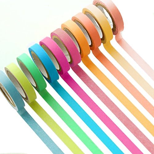 Rainbow Paper Sticky Adhesive Sticker Decorative Washi Tape Crafts Scrapbooking DIY Set of 10 (Fluorescent color)