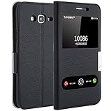 Samsung J7 (2015) Case Ultra Thin Flip Genuine Leather Samsung Galaxy J7 2015 Cover Case Window View Stand Feature Magnet Closure Phone Case for Samsung Galaxy J7 by Make mate Black