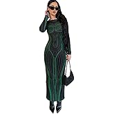 Women's Long Sleeve Bodycon Dress Unique 3D Print Sexy Body-Shaping Party Clubwear Long Maxi Pencil Dress