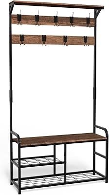 ® Stand Appendiabiti da Terra con Panca Scarpiera a 3 Ripiani, Attaccapanni Autoportante Mobile Ingresso Corridoio 9 Ganci Rimovibili, Design Moderno Industriale 85x33x185cm