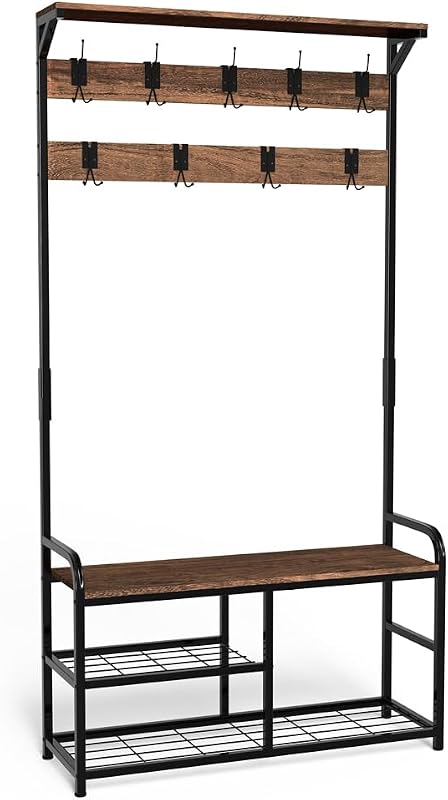 ® Stand Appendiabiti da Terra con Panca Scarpiera a 3 Ripiani, Attaccapanni Autoportante Mobile Ingresso Corridoio 9 Ganci Rimovibili, Design Moderno Industriale 85x33x185cm