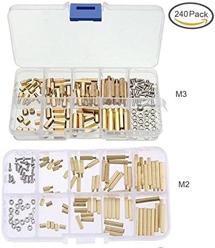 CONBEE 240pcs M2&amp;M3 Brass and Stainless Steel Hex Screw Male Female Threaded Brass Spacer Standoffs Nut Assortment Set