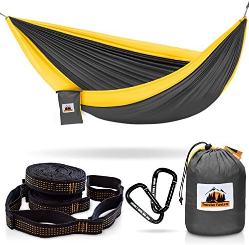 Huge Sale Ending Soon! All-in-One Camping Hammock, Portable and Lightweight – Includes Double Parachute Hammock + 2 Heavy Duty 10' Straps + Super Strong Carabiners by Traveler Fantasy (Gray &amp; Yellow)