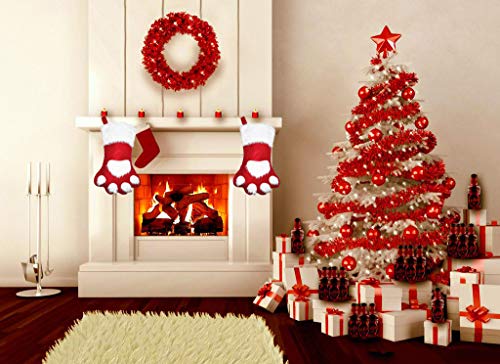 Malier Christmas Stockings Cute Cat Dog Paw Hanging Socks for Holiday and Xmas Decorations Fireplace Hanging Ornament,17x11 Inches - Red - Thumbnail 3