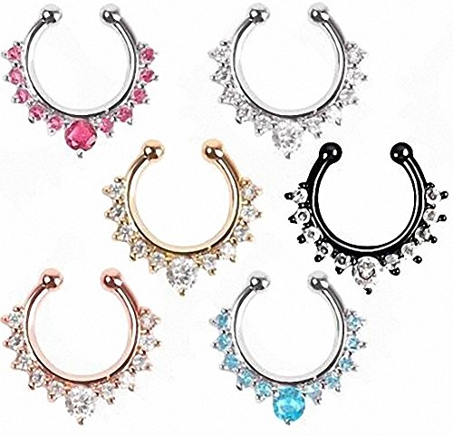 6pcs CZ Zircon Fake Septum Clicker Nose Hanger Ring Non Piercing Jewelry