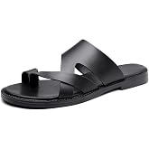 NHBEOEN Men's Strappy Leather Flat Flip Flops Sandals Toe Casual Open Toe Comfort Arch Support Anti-Slip Sole Slip On Toe Ring Slides Summer Lightweight Daily Vacation Walking Beach Sandals