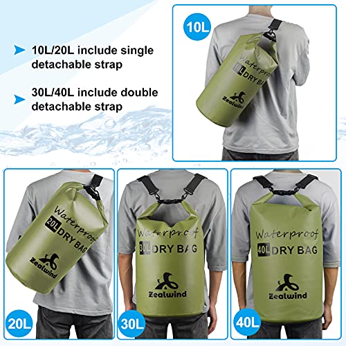 Zealwind Waterproof Dry Bag Backpack Floating Dry Sack with Phone Case, 10L/20L/30L/40L Water Proof Bag Packs, Roll Top Drybag for Kayaking, Paddleboarding, Rafting, Swimming, Boating (Army Green, 10L