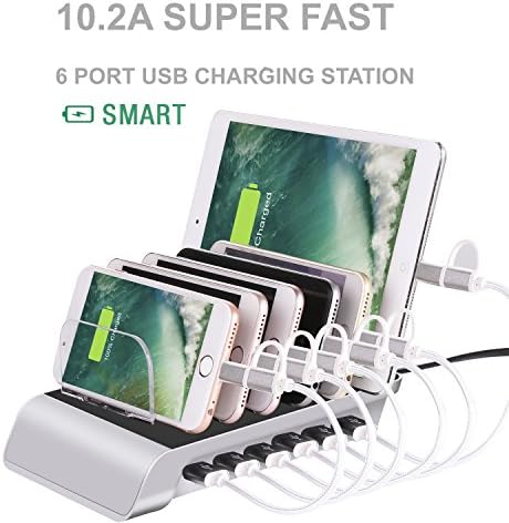 Zglon 6-Port Multiple Powerhouse USB Charging Station-Hub Dock Organizer for iPad iPhone Galaxy Smartphones Tablets Multiple devices（Silver）