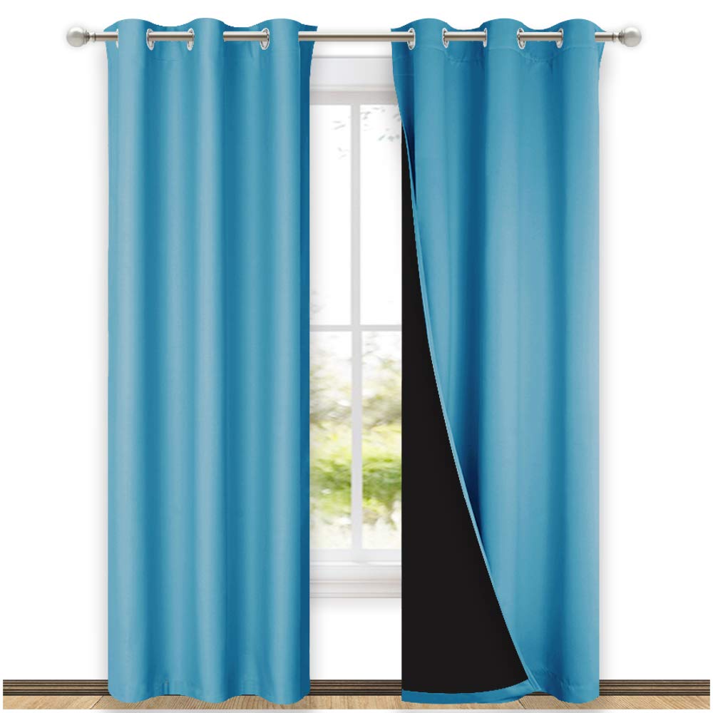 NICETOWN Teal Blue Full Shade Curtain Panels, Pair of Thermal Insulated & Energy Efficiency Blackout Drapes for Living Room Windows, Lined Silky Performance Window Dressing (37" Wide x 84" Long, Gray) Image