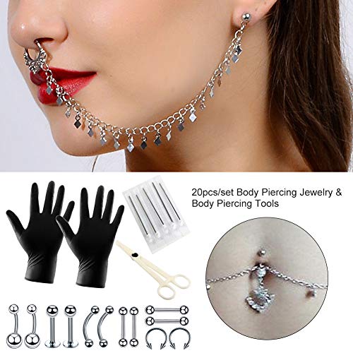 20PCS Professional Body Piercing Kit Stainless Steel Belly Ring Tongue Tragus Nipple Labret Lip Nose Piercing Needles Gloves Tools