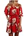 YOBECHO Women Summer Off Shoulder Strapless Floral Print Pleated Dresses (L, Red)
