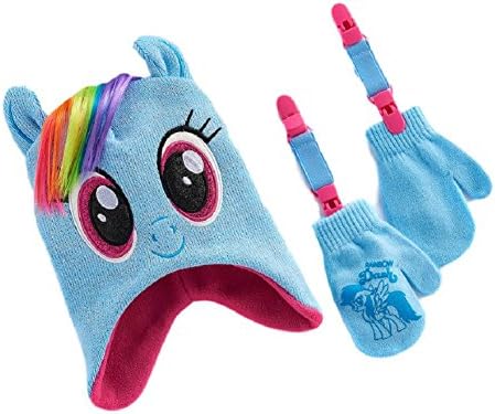 My Little Pony Rainbow Dash Hat &amp; Mittens Set Toddler Winter Knit Hat w/ Mitten Clips