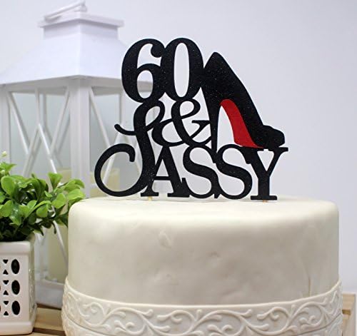 All About Details 60 & Sassy Cake Topper (Black), 6in wide and 5in tall with 2-pcs of 4in wood skewers