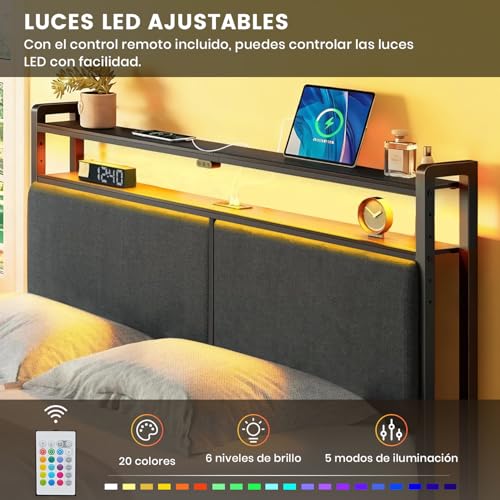 KVOZEN Cabecero de Cama Queen Size 150cm con Luces LED RGB Inteligentes, Cabecero Acolchado con 4 Puertos de Carga USB y Type-C, Estante y Control Remoto, Cabecero Matrimonial Moderno para Dormitorio