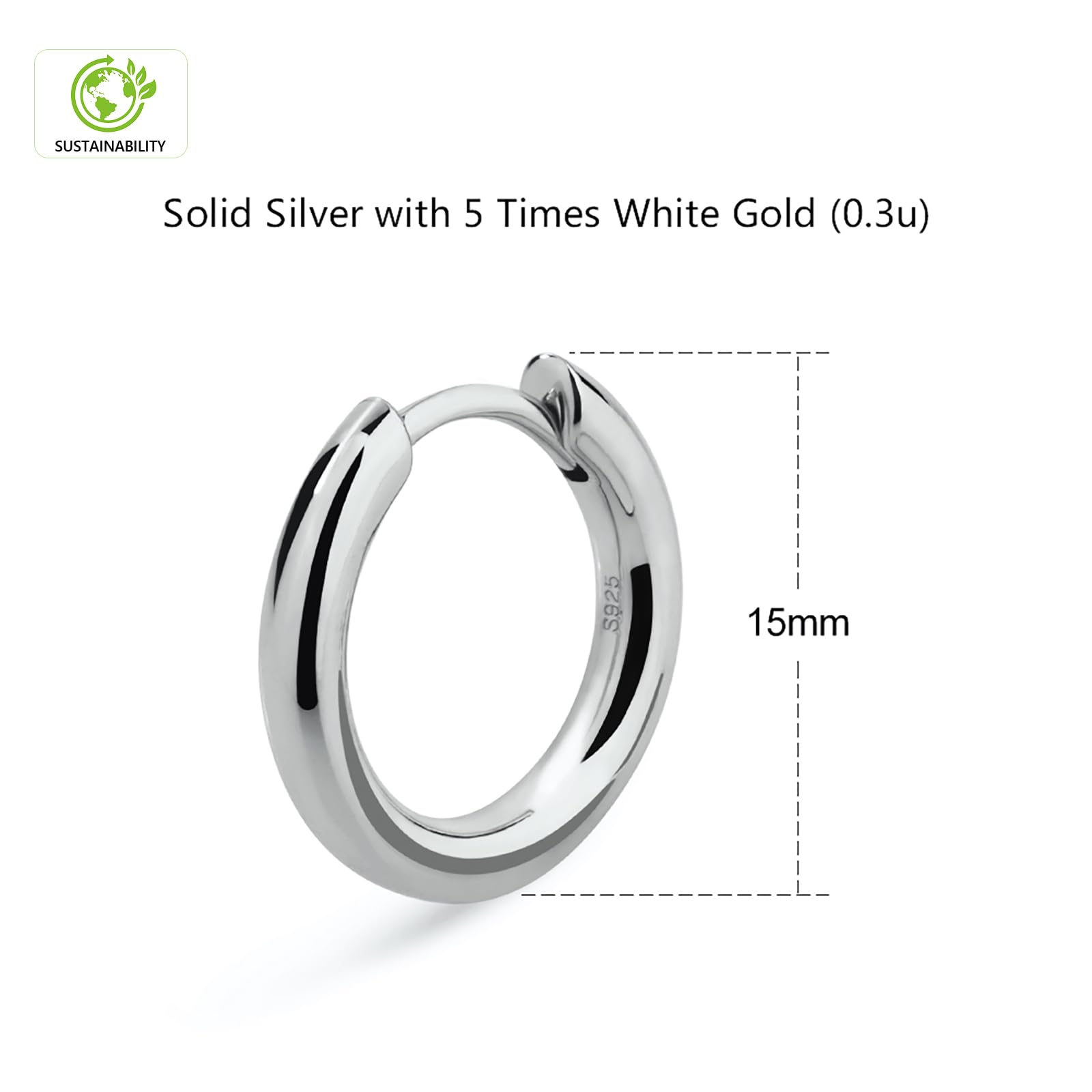 KRKC&CO KEEP REAL KEEP CHAMPION KRKC&CO Hoop Earrings Sterling Silver for Men, Birthday Gift for Him, White Gold Plated Round Hoops for Men & Women 15mm, Fathers Day, Anniversary