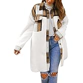 FSHAOES Womens Winter Coats Fuzzy Fleece Jacket Shacket Plaid Lapel Button Down Flannel Shirt Lightweight Outwear