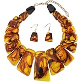 Dtja Vintage Geometric Jewelry Set Boho Statement Dangle Earrings Pendant Necklace for Women Exaggerate Bohemian Resin Square Charms Adjustable Chain Ethnic Wedding Holiday Jewelry