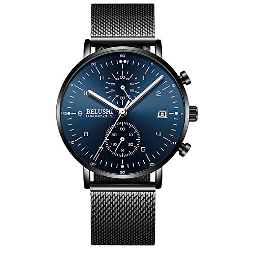 2018 New Mens Watches Stainless Steel Slim Mesh Strap with Chronographs Calendar Luminous Watch Waterproof Analog Watch for Men