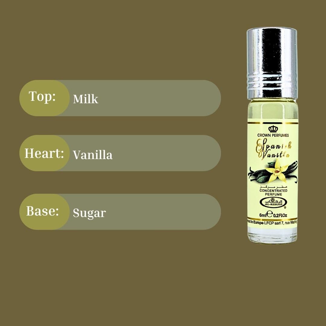 Al-Rehab Spanish Vanilla Perfume Oil 6ML (0.2 Oz) - Arabian Perfume Oils For Women - Long Lasting Concentrated Perfume Oil - A Luxurious Soft & Sweet Women's Fragrance For An Elegant Touch