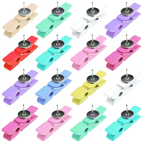 Jyongmer 60 Pieces Colorful Wooden Clips with Push Pins, Decorative Paper Clips Clothespins Pushpins Thumbtacks for Cork Boards, Craft, Photos, Notes, School & Office Projects