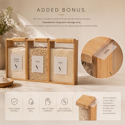 Velora World Bamboo 3L Food Dispenser for Kitchen – Airtight Food Storage Container with Writable Labels, Clear Cereal Dispenser for Rice, Flour, Pasta & Snacks, Space Saving Pantry Organizer