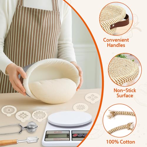 38 Pcs Sourdough Starter Kit for Beginners, Sourdough Bread Baking Supplies Set with 10'' Round & Oval Banneton Proofing Baskets, Starter Jars, Liners, Covers & Artisan Bread Baking Tools