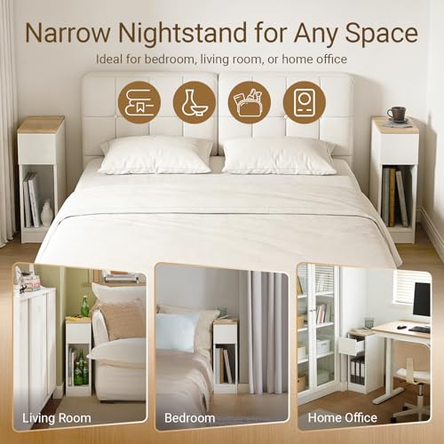 SoBuy Set of 2 Bedside Tables, Modern Nightstand with Drawer, Slim Side Table for Bedroom and Living Room, Compact Small End Table with Storage, White & Natural, FBT111-WNx2