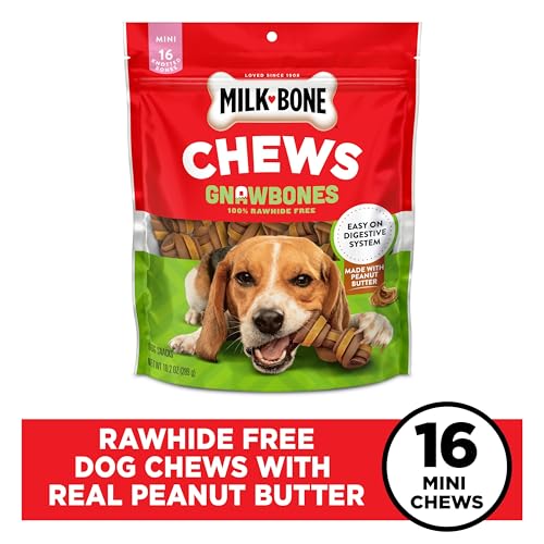 MILK-BONE CHEWS GNAWBONES RAWHIDE FREE DOG TREATS, PEANUT BUTTER & CHICKEN, 16 LONG LASTING MINI KNOTTED BONES