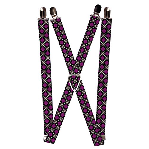 Purple Black Grey White Plaid Checker Pattern Suspenders