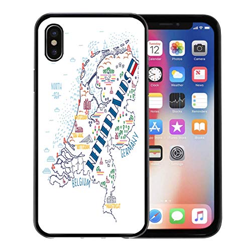 Emvency Phone Case for iPhone X Case Cartography Blue Amsterdam Colorful Map of Netherlands Doodle White for iPhone x Phone Csae Clear Protective Cover Decoration