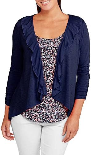 French Laundry Women's Open Front Cardigan W/ Ruched Sleeves & Ruffle Front (Medium, Blue Sapphire)