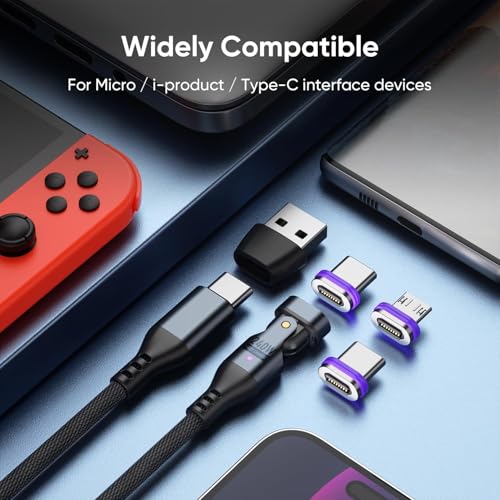 KASTWAVE 240W Magnetic Charging Cable, 180°Rotating USBC to USB C Magnetic Data Cable, Micro USB Magnetic Phone Fast Charger Cable Data Transfer for Laptop/Tablet/Smart phone (6ft)