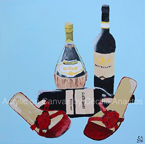 Red (2016) - Three red wine bottles with red sandals in front. Light turquoise background. Acrylic on canvas 20 x 20. Ready to hang.