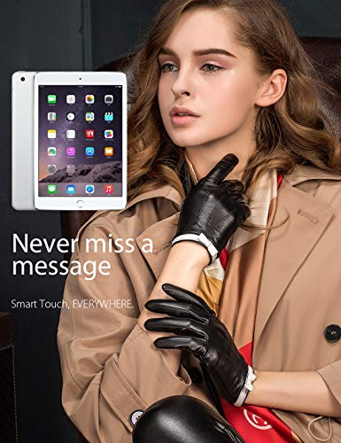 YISEVEN Women's Touchscreen Sheepskin Leather Gloves White Bow Knot Wool or Fleece Fur Lined Luxury for Ladies Winter Accessories Hand Warm Dress Motorcycle Driving Xmas Gifts, Black 7"/Medium