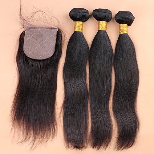 Slove hair 100% Unprocessed Brazilian Straight Free Part Virgin Human Remy Hair 4x4 Silk Base Closure with 3 Bundles Bleached Knots with Baby Hair 18 20 22 Closure 16