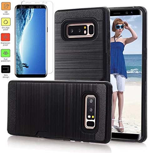 Galaxy Note 8 Case with Screen Protector,L00KLY [Slim Fit] [Card Slots] Hybrid Dual Layer Wallet Case,[Brushed Metal Texture] Back with Shockproof TPU Inner Layer for Samsung Galaxy Note 8 (Black)