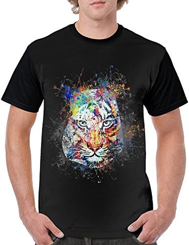 Quliuwuda Mens Creative colorful Ink Splash Tiger Avatar Leisure Tennis Black Tee S Short Raglan Sleeve
