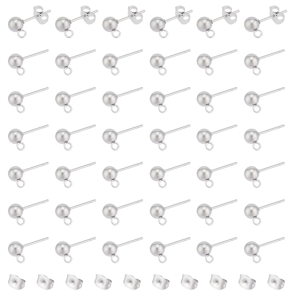 UNICRAFTALE About 100Pcs 304 Stainless Steel Stud Earring Findings with Loops Ball Post Ear Studs with 316 Surgical Stainless Steel Pin and Ear Nuts Pin 0.8mm for DIY Earrings Jewellery Making